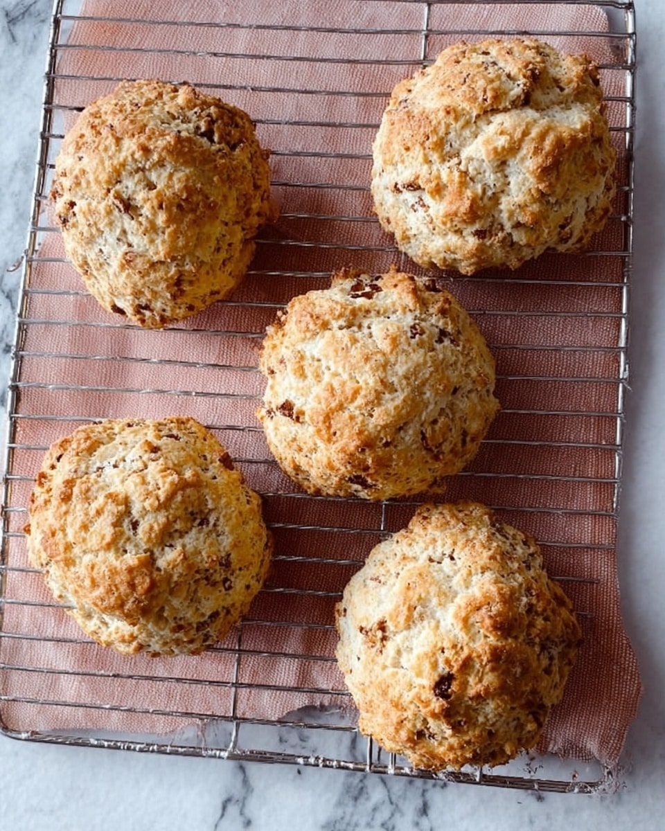 The image shows five round scones with a rough, crumbly texture on top, each with light golden brown color mixed with darker brown spots, placed on a metal cooling rack lined with light pink parchment paper. The cooling rack is set on a white marbled surface with a subtle pattern. The scones look freshly baked, with uneven tops and a homemade appearance. Photo taken with an iphone --ar 4:5 --v 7