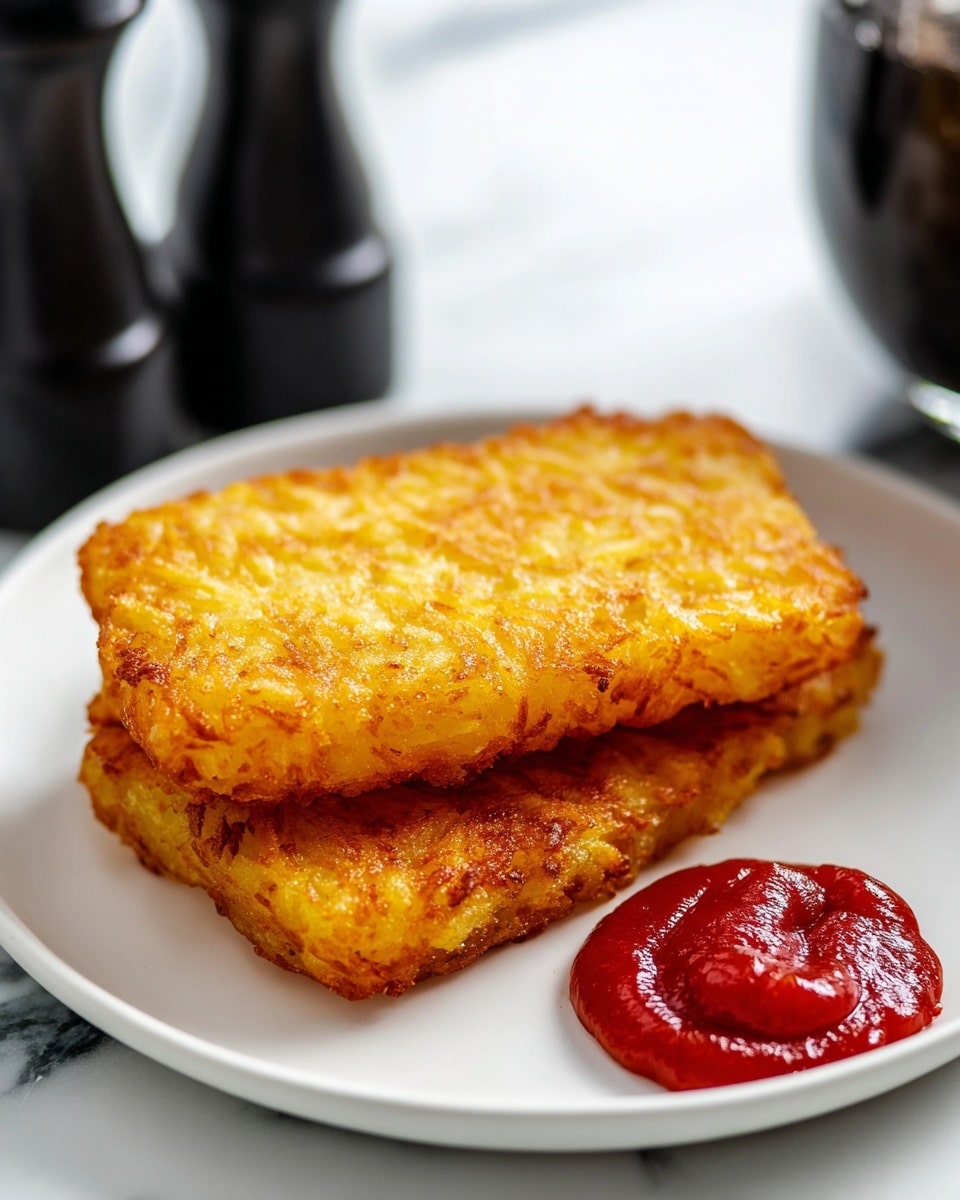 Two golden brown, crispy rectangular hash browns are stacked slightly on top of each other on a white round plate. To the right of the hash browns is a small pile of bright red ketchup with a glossy texture. The plate is sitting on a white marbled surface, with a slightly blurred salt shaker and a black object in the background. Photo taken with an iphone --ar 4:5 --v 7