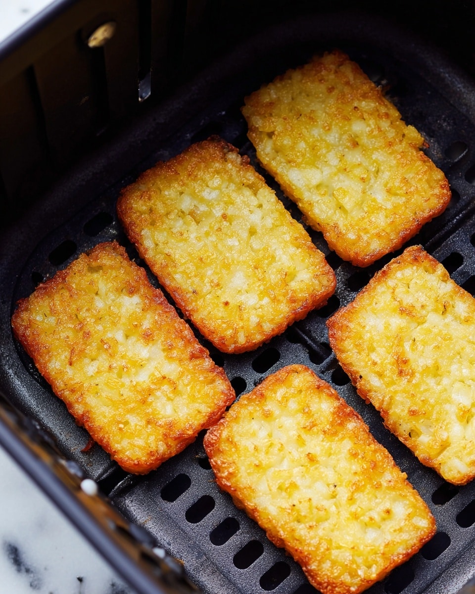 The image shows four golden brown rectangular hash browns cooking inside a black air fryer basket. Each hash brown has a crispy, slightly bubble-textured surface with hints of a lighter yellow color in a few spots, showing their crunchy exterior. The hash browns are evenly spaced on the basket's dark grate with small square and round holes, and the background is a white marbled texture. photo taken with an iphone --ar 4:5 --v 7