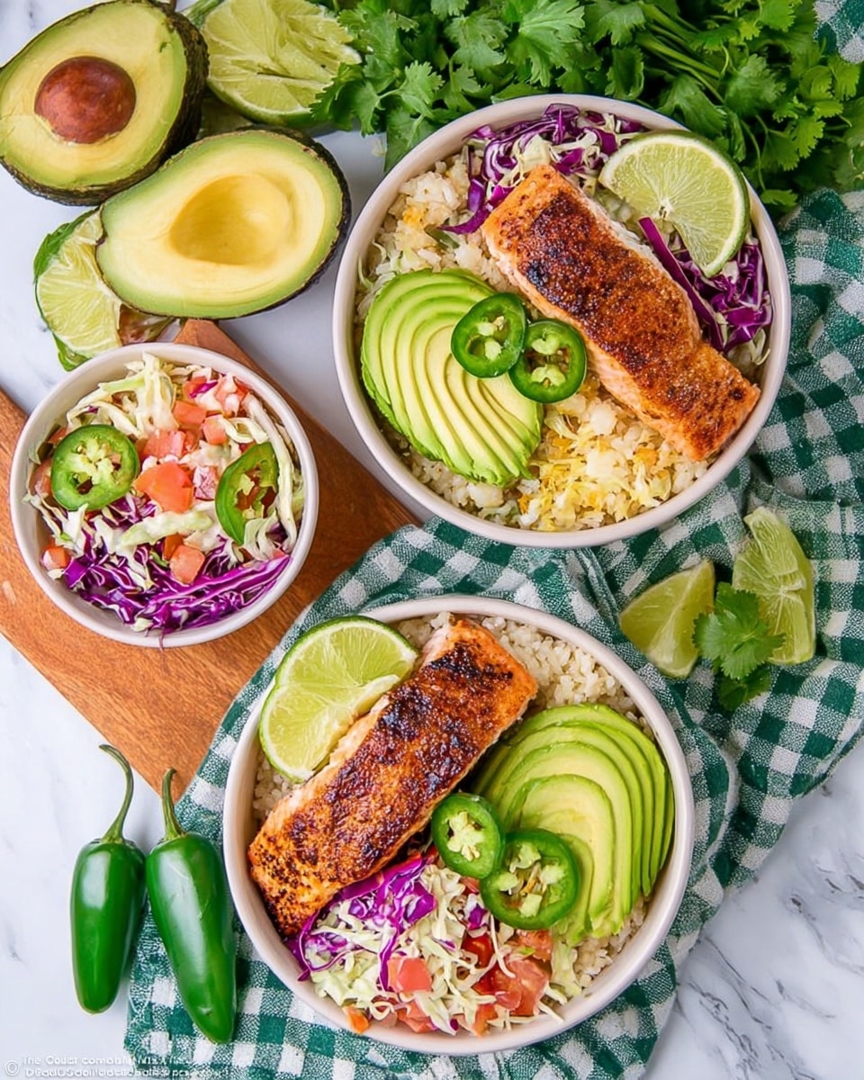 The image shows two white bowls filled with layered food placed on a green and white checkered cloth over a white marbled surface. Each bowl contains a bottom layer of light-colored rice, topped with a golden-brown grilled salmon fillet on one side. Next to the salmon, slices of bright green avocado are neatly arranged, and a mix of colorful slaw with purple, white, and red cabbage plus bits of tomato fills another section. A lime wedge and green jalapeño slices garnish the bowls. Nearby, a smaller white bowl with the same colorful slaw sits on a wooden board. Fresh halved and whole avocados, lime halves, green jalapeños, and sprigs of cilantro surround the bowls. Photo taken with an iphone --ar 4:5 --v 7