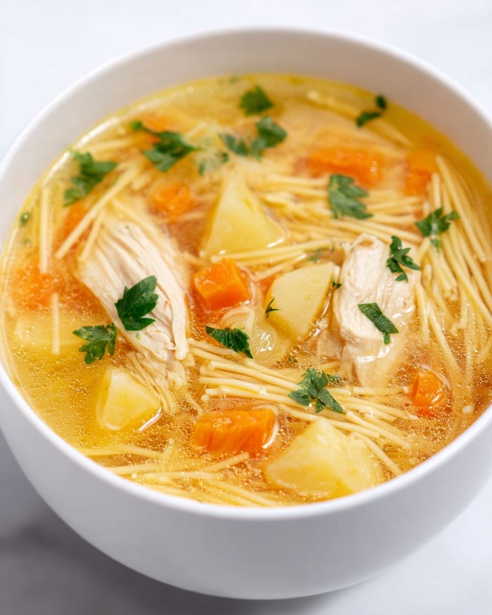 A close-up image of a white bowl filled with clear chicken soup. The soup has three main layers: the light yellow broth on top, floating with small chopped orange carrot pieces and small yellow potato cubes, thin short pale yellow noodle strips spread throughout, and two pieces of white cooked chicken breast resting near the surface. Green parsley leaves are sprinkled across the soup for garnish. The bowl sits on a white marbled texture, with soft lighting highlighting the soup’s warm colors. Photo taken with an iphone --ar 4:5 --v 7