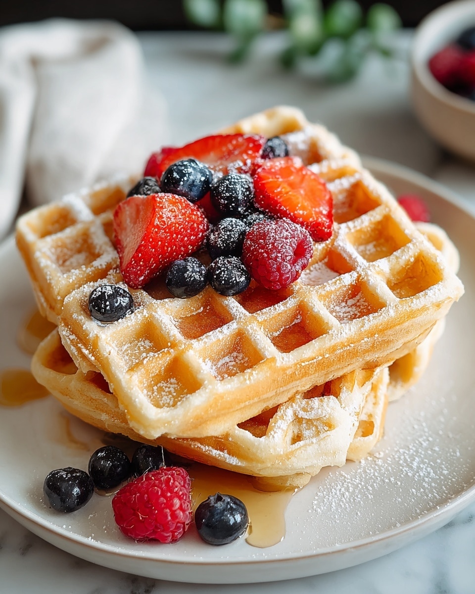 Three golden brown waffles are stacked slightly off-center on a white round plate, showing their square grid texture. The top waffle is decorated with a small pile of fresh berries, including bright red strawberries (some sliced), whole red raspberries, and deep blue blueberries, some of which spill onto the plate. The waffles have a light syrup glaze that shines gently, with a dusting of fine powdered sugar adding a touch of white contrast. The plate is set on a white marbled background with hints of greenery and a white cloth partially visible. Photo taken with an iphone --ar 4:5 --v 7
