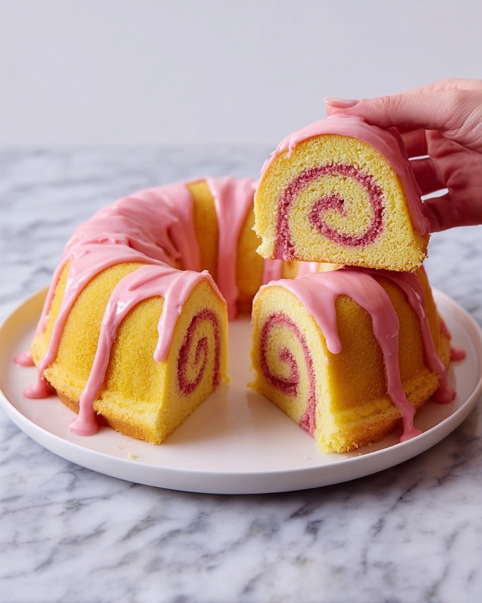 A yellow sponge cake is shaped like a ring with smooth pink icing dripping evenly down the sides. The cake has a swirl pattern inside, made of pink filling rolled tightly in the yellow cake, visible in three slices that are cut and placed back near the cake. One slice is held by a woman's hand on the right side, showing the soft texture and vibrant colors of the cake and filling. The cake sits on a white plate over a white marbled surface. Photo taken with an iphone --ar 4:5 --v 7