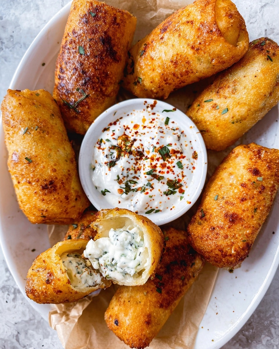 The image shows a white plate with seven golden-brown fried rolls arranged around a small white bowl of creamy white sauce topped with red spices and green herbs. Each roll is crispy and bubbly on the outside, with some cut open to show a white, soft filling mixed with green herbs inside. The rolls vary in shades of golden and light brown, showing different degrees of frying. The plate sits on a white marbled texture, and a piece of brown paper is placed under the rolls on the plate. photo taken with an iphone --ar 4:5 --v 7