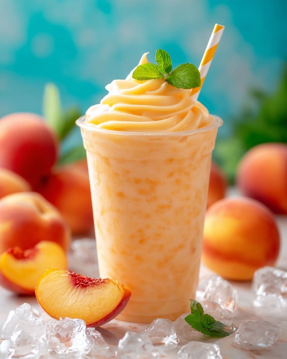 A clear cup filled with a creamy peach-colored smoothie, textured with small ice chunks throughout, topped with a swirl of soft, pale yellow peach cream that forms a peak. Two fresh green mint leaves decorate the top near a yellow-and-white striped straw standing upright on one side. The cup is placed on a white marbled surface scattered with clear ice cubes, a sliced peach showing its bright orange and red inside close to the front, and whole peaches blurred in the colorful background. Photo taken with an iphone --ar 4:5 --v 7