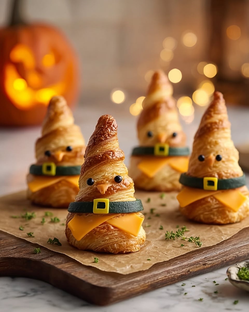 The image shows four pastry cones shaped like pointed witch hats made of golden-brown, flaky croissant layers. Each hat has a dark green band with a small yellow buckle near the base of the cone. Just below the band, three small black dots form eyes, and a thin triangular slice of bright orange cheese sticks out near the bottom front, looking like a beak. The pastries are placed on parchment paper on a rustic wooden board, scattered with small green herb pieces. In the background, warm, blurry lights and a small Jack-o'-lantern create a cozy, festive feel. The scene is set on a white marbled surface. photo taken with an iphone --ar 4:5 --v 7