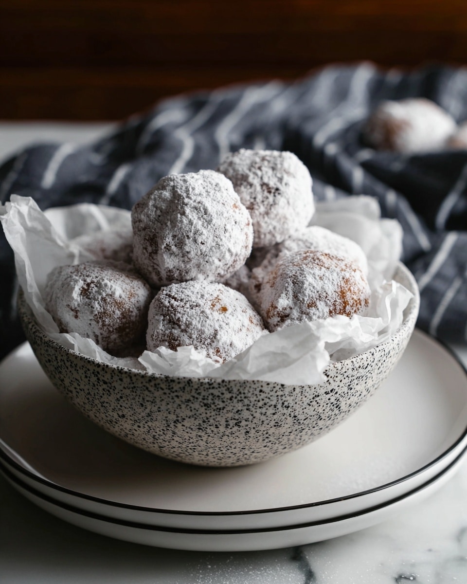A bowl filled with around a dozen small, round doughnut holes covered in a thick layer of white powdered sugar, giving them a rough, powdered texture. The bowl has a speckled dark pattern on a white base and is lined with crumpled white parchment paper. The bowl is placed on top of two stacked white plates with thin black rims. In the background, a white marbled texture surface is partially covered by a dark cloth with white stripes, adding contrast to the scene. One doughnut hole sits slightly out of focus in the back. Photo taken with an iphone --ar 4:5 --v 7