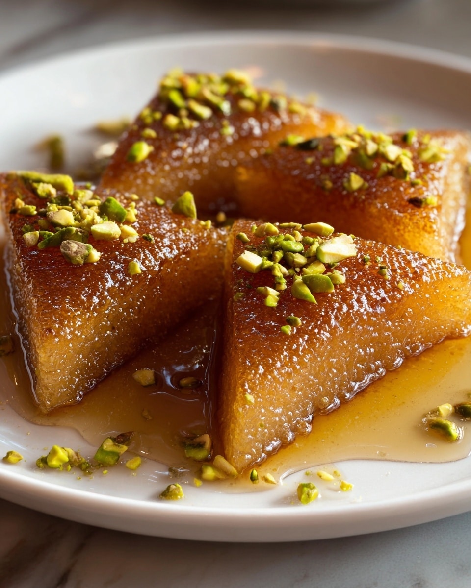 Four triangular pieces of a shiny, golden-brown dessert sit close together on a white plate. The texture of each piece looks soft and slightly grainy with a glistening syrup coating, pooling gently around the base of the triangles. Small green chopped pistachio nuts are sprinkled on top and around the edges, adding a contrasting touch of color and texture. The white marbled surface underneath the plate subtly reflects light, enhancing the dessert's rich, warm tones. photo taken with an iphone --ar 4:5 --v 7
