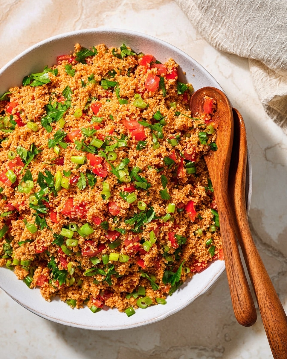 A large white bowl filled with a mix of finely crumbled light brown bulgur wheat, scattered with chopped red tomato pieces and bright green parsley leaves, along with sliced green onions, creating a colorful and textured salad. Two wooden spoons rest on the right edge of the bowl, partially touching the salad. The bowl is placed on a white marbled surface with hints of beige tones. Photo taken with an iphone --ar 4:5 --v 7