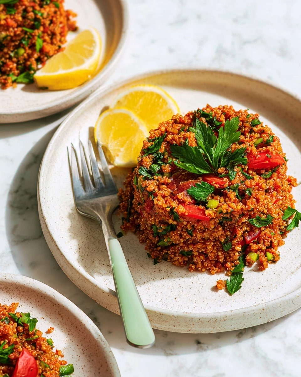 The image shows a white round plate filled with a layered dish of finely textured reddish bulgur mixed with chopped green herbs and small chunks of bright red tomato, giving it a fresh and colorful look. On the top layer, there are visible sprigs of fresh green parsley scattered for garnish. On the side of the plate, two yellow lemon wedges sit, adding a vibrant contrast. A fork with a metallic head and light green handle rests on the edge of the plate on a white marbled surface. Photo taken with an iphone --ar 4:5 --v 7