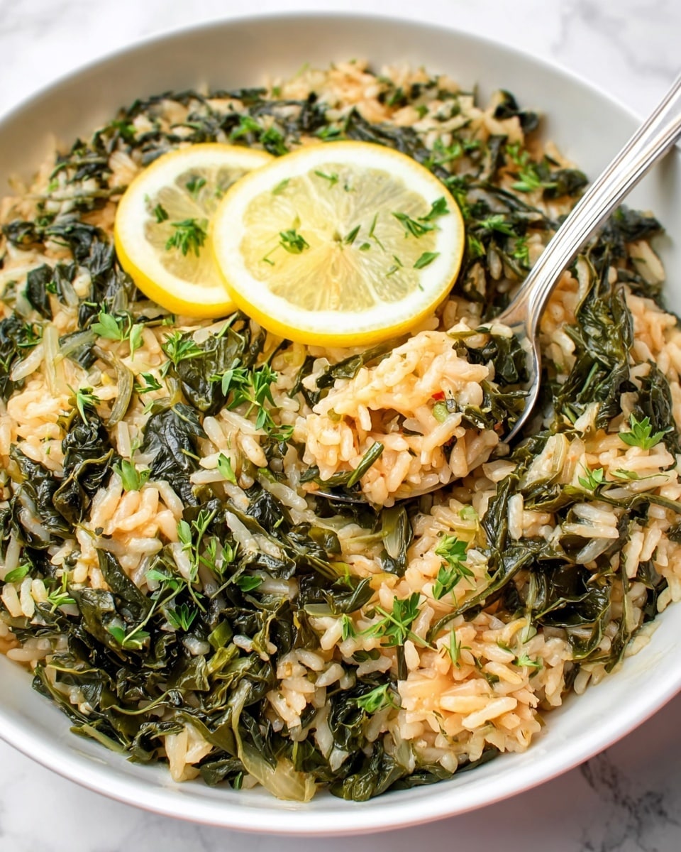 A close-up view of a white bowl filled with cooked rice mixed with dark green leafy vegetables. The dish has a slightly moist texture with some bits of onion visible. Two thin lemon slices sit on top as garnish, along with small sprigs of fresh green herbs scattered around. A shiny silver spoon rests inside the bowl on the right side, partially submerged in the rice and greens. The bowl is set against a white marbled texture surface. photo taken with an iphone --ar 4:5 --v 7