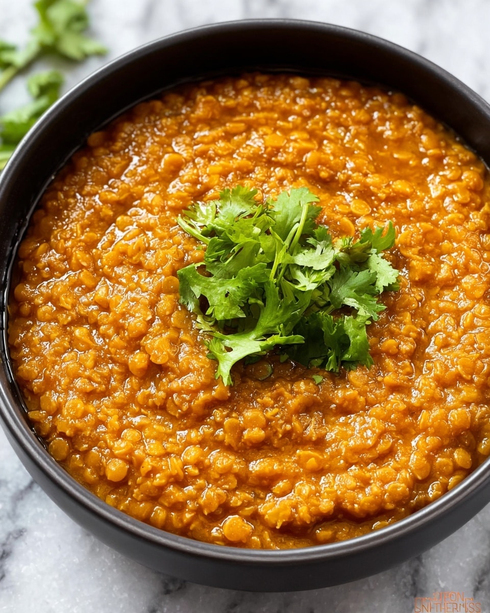 A close-up view of a thick, orange-brown lentil dish with a chunky texture served in a simple black bowl. The lentils are cooked well, showing small pieces and a smooth, slightly grainy surface. In the center, there is a small garnish of fresh green cilantro leaves that adds a pop of color. The bowl sits on a white marbled surface, giving a clean and bright contrast to the warm color of the lentils. photo taken with an iphone --ar 4:5 --v 7