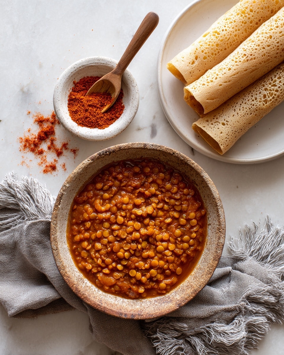 The image shows a bowl filled with thick orange-brown lentils cooked in a rich, oily sauce, giving it a slightly glossy texture with visible whole lentils. The bowl has an earthy, rustic look with a rough surface and some flour dusting around its edge. Above it, there is a white plate holding three rolled and one flat piece of light tan, bubbly injera bread with a spongy texture. Near the bowl, a wooden spoon sits next to a small white bowl filled with bright red powdered spice, some of which is spilled onto the white marbled surface beneath. A grey fringed cloth napkin is partially tucked under the bowl, adding a soft texture to the scene. Photo taken with an iphone --ar 4:5 --v 7
