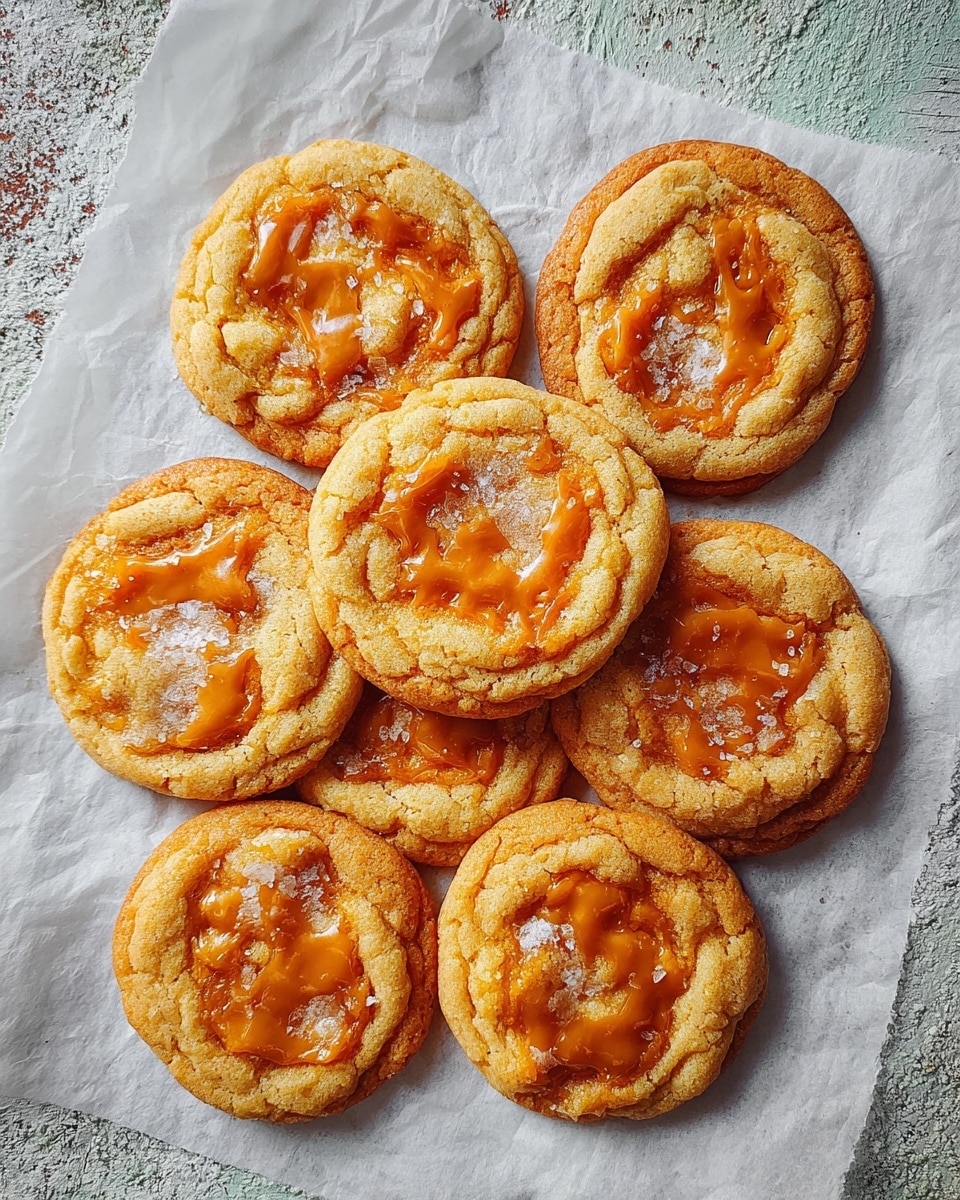 Six soft, round cookies with a golden brown outer layer and a glossy, sticky caramel center that looks slightly cracked and textured. The cookies have a slightly uneven shape with a chewy, textured surface and a bit of sugar dusted inside the caramel center. They are arranged closely in a rough circle on crumpled white parchment paper, which sits inside a round wooden bowl, all placed on a white marbled textured surface. photo taken with an iphone --ar 4:5 --v 7