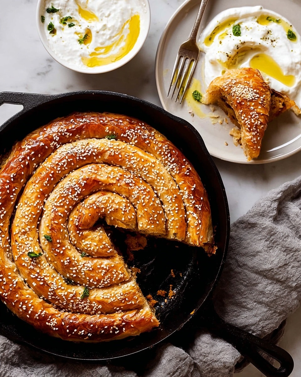 A golden brown spiral pastry with a flaky texture is baked in a black cast iron skillet, topped with white sesame seeds spread evenly across the surface. One slice is cut out, revealing a slightly layered interior. To the top right, a white plate holds a few coiled slices of the same pastry over a dollop of white creamy yogurt with a drizzle of yellow oil and green herb leaves scattered around. A silver fork rests on the plate. At the top left, a white bowl contains more creamy yogurt with a drizzle of yellow oil. The food is set on a white marbled texture background with a soft gray cloth partially visible at the bottom. photo taken with an iphone --ar 4:5 --v 7