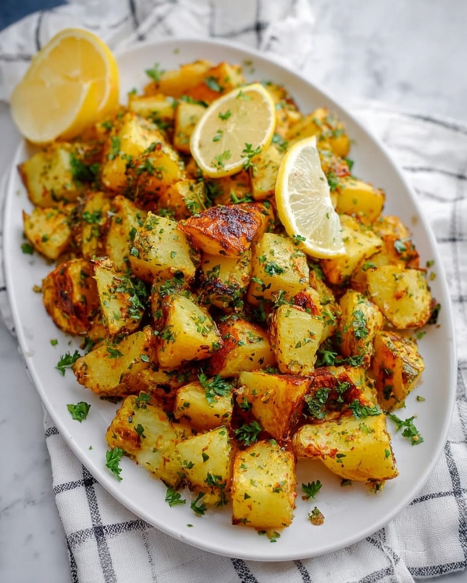 The image shows a white oval plate filled with golden-brown roasted potato cubes. Each potato piece has a slightly crispy texture with some charred edges and is sprinkled generously with finely chopped green herbs, mainly parsley, adding a fresh touch. On top of the potatoes, there are two lemon wedges positioned near the edge of the plate. The plate rests on a white marbled surface with a white cloth featuring a black grid pattern partially visible underneath. photo taken with an iphone --ar 4:5 --v 7