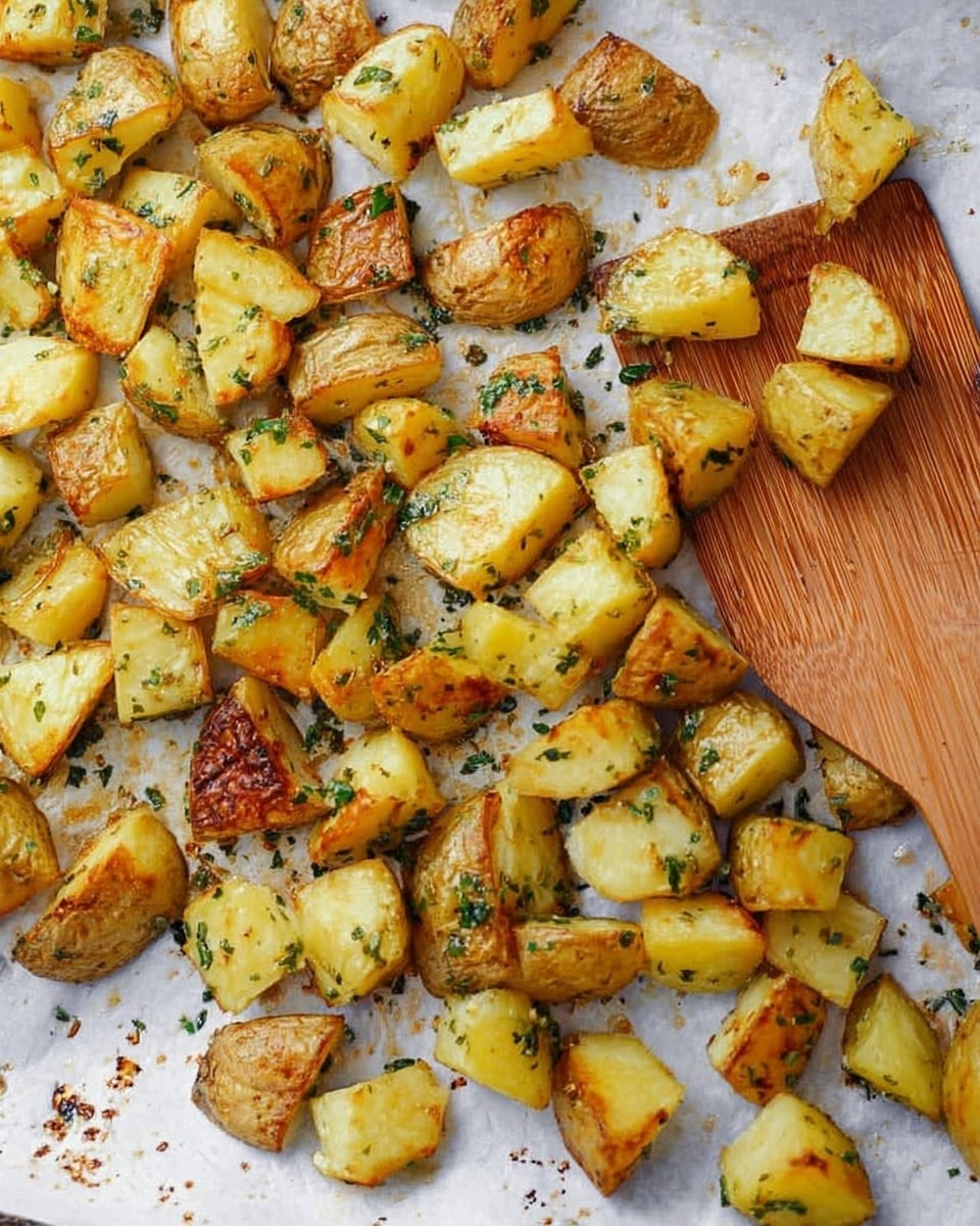 This image shows many small, golden brown roasted potato pieces, some with green herbs sprinkled on them, laid out on white baking paper with a wooden spatula among the potatoes. The potatoes are cooked with a slightly crispy texture and are scattered unevenly, with some resting on top of others. The background is a white marbled texture. photo taken with an iphone --ar 4:5 --v 7