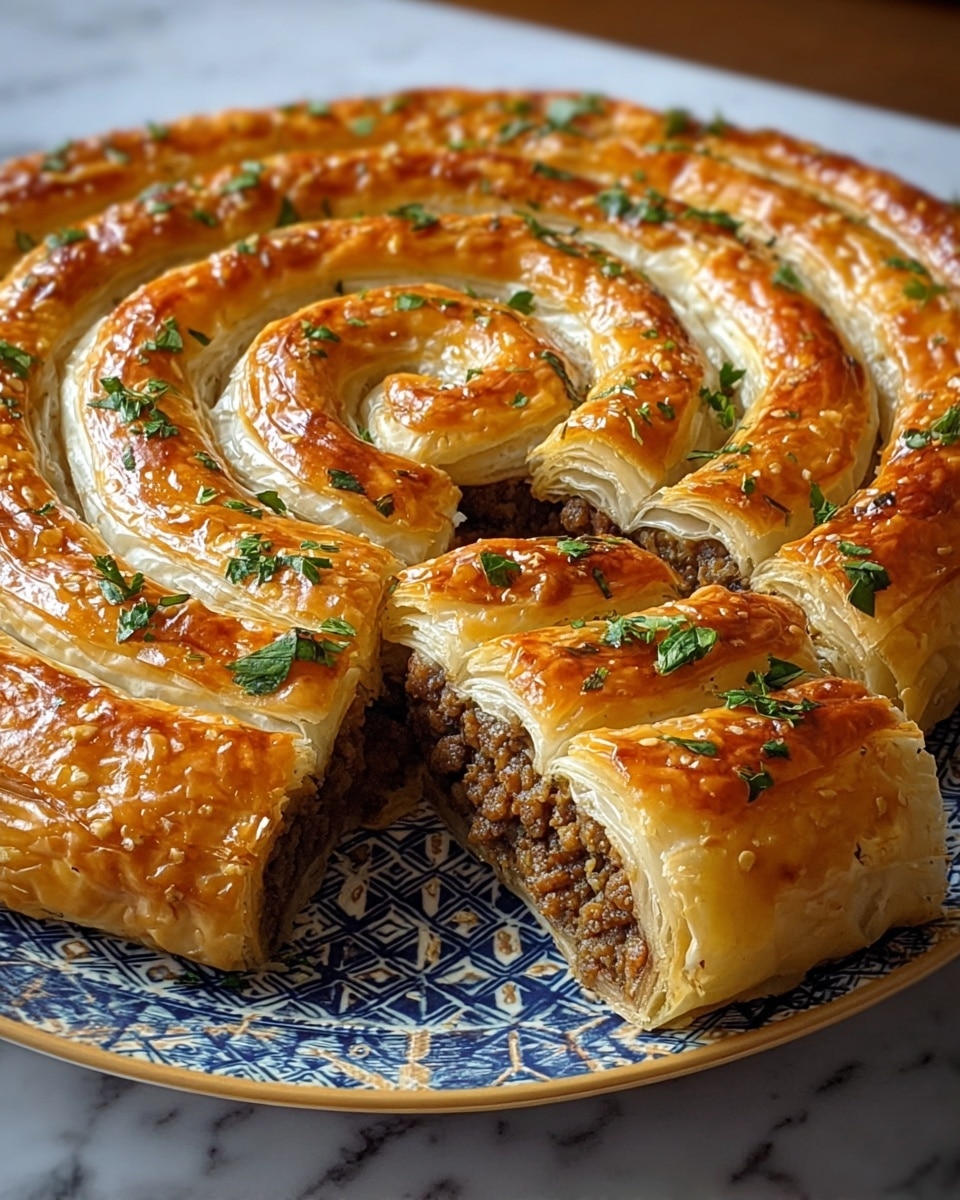 A golden-brown spiral pastry with a shiny, flaky crust forms the outer layer, garnished with small pieces of fresh green herbs scattered across the surface. The spiral reveals multiple thin, crisp layers of dough coiled tightly. A slice is cut out from the spiral, showing a dense, crumbly dark brown ground meat filling inside, surrounded by the light-colored layered pastry shell. The pastry sits on a white plate with a blue and gold patterned rim, all set against a white marbled texture background. Photo taken with an iphone --ar 4:5 --v 7