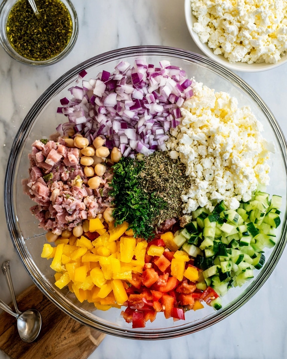 The image shows a clear glass bowl filled with seven colorful ingredients arranged in separate sections. Starting from the top and moving clockwise, there is a layer of chopped red onions with a purple and white color, a large mound of crumbly white cheese, a small portion of beige beans, a pile of pinkish chopped meat, bright green diced cucumbers, finely chopped yellow bell peppers, and bright orange diced bell peppers. In the center, a small cluster of finely chopped parsley and some mixed dried herbs bring dark green and brown shades. Around the bowl, there is a white marbled surface, a white bowl filled with more crumbled cheese, and a sauce container above with green seasoning inside. photo taken with an iphone --ar 4:5 --v 7