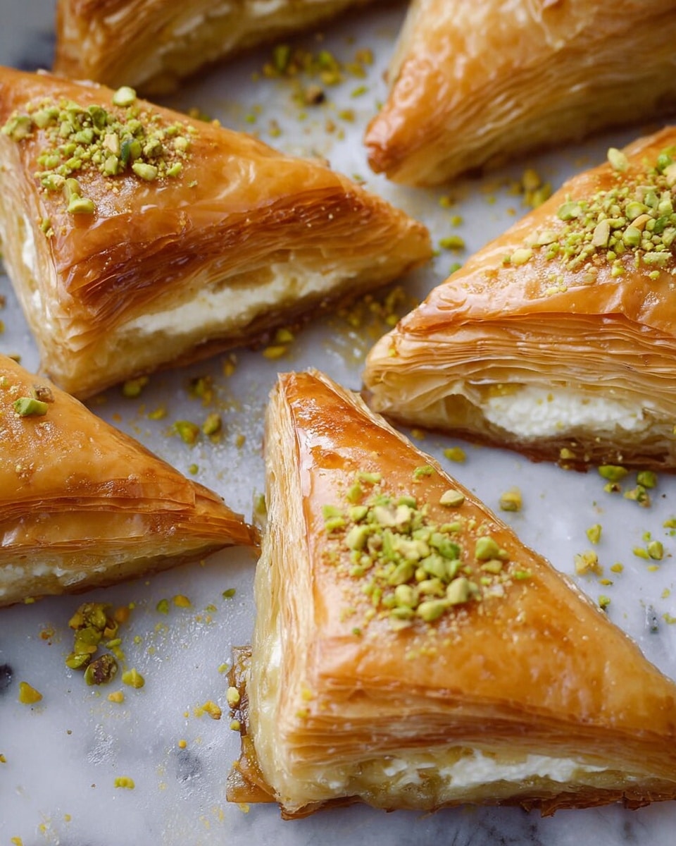The image shows several triangular pastries with many thin, golden-brown layers of flaky dough. Each pastry is filled with a creamy white layer visible in the middle and topped with small pieces of crushed light green pistachios. The pastries are close together, resting on a white marbled textured surface, and there is a light glaze giving them a slight shine. Some pistachio crumbs are scattered around the pastries. photo taken with an iphone --ar 4:5 --v 7