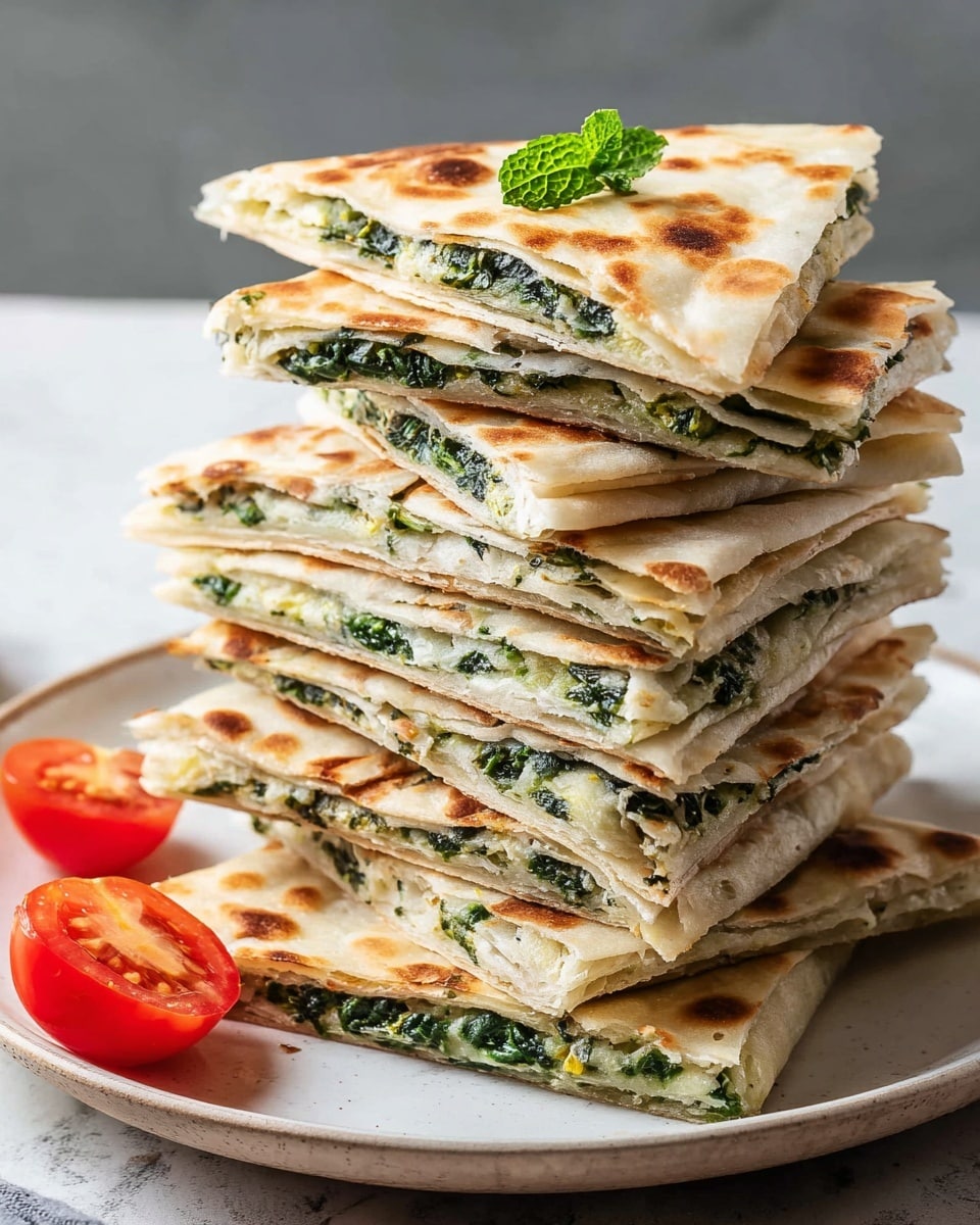 A tall stack of eight triangular flatbread pieces filled with finely chopped green leafy vegetables layered between light golden-brown, slightly charred flatbread, creating a pattern of green and beige layers. Each triangle is perfectly folded, showing the thin, soft texture of the flatbread with visible small brown spots from cooking. A small fresh green mint leaf tops the stack. To the left on the white plate, there is a halved red tomato with juicy texture. The whole setup is on a surface with a white marbled texture in soft daylight, creating a fresh and inviting look. Photo taken with an iphone --ar 4:5 --v 7
