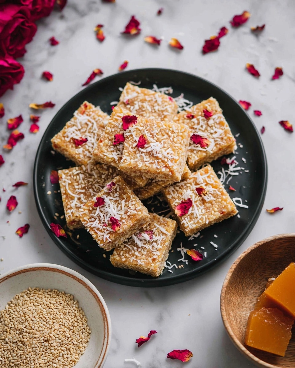 A black plate holds nine square bars arranged in a slightly stacked way, each bar having a light tan color with visible sesame seeds and shredded white coconut on top. Scattered around the bars and plate are small red dried rose petals and extra sesame seeds. Next to the plate is a white bowl with a wood-textured inside, filled with sesame seeds and a small block of orange jaggery. The background is a white marbled texture, with some scattered red rose petals visible. photo taken with an iphone --ar 4:5 --v 7