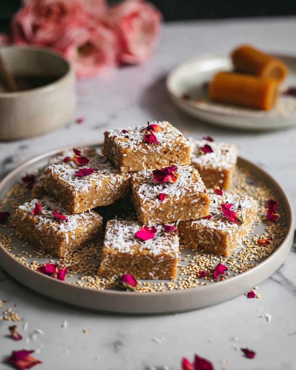 The image shows a round white plate filled with rectangular bars arranged in two overlapping layers, each bar a light tan color with a rough texture, topped with white shredded coconut and scattered small red rose petals. Around the bars on the plate are beige sesame seeds and more rose petals. In the background, there is another smaller white plate with a golden-brown cylindrical sweet resting on more sesame seeds, all placed on a white marbled surface. The lighting is soft, creating a cozy and inviting look. photo taken with an iphone --ar 4:5 --v 7