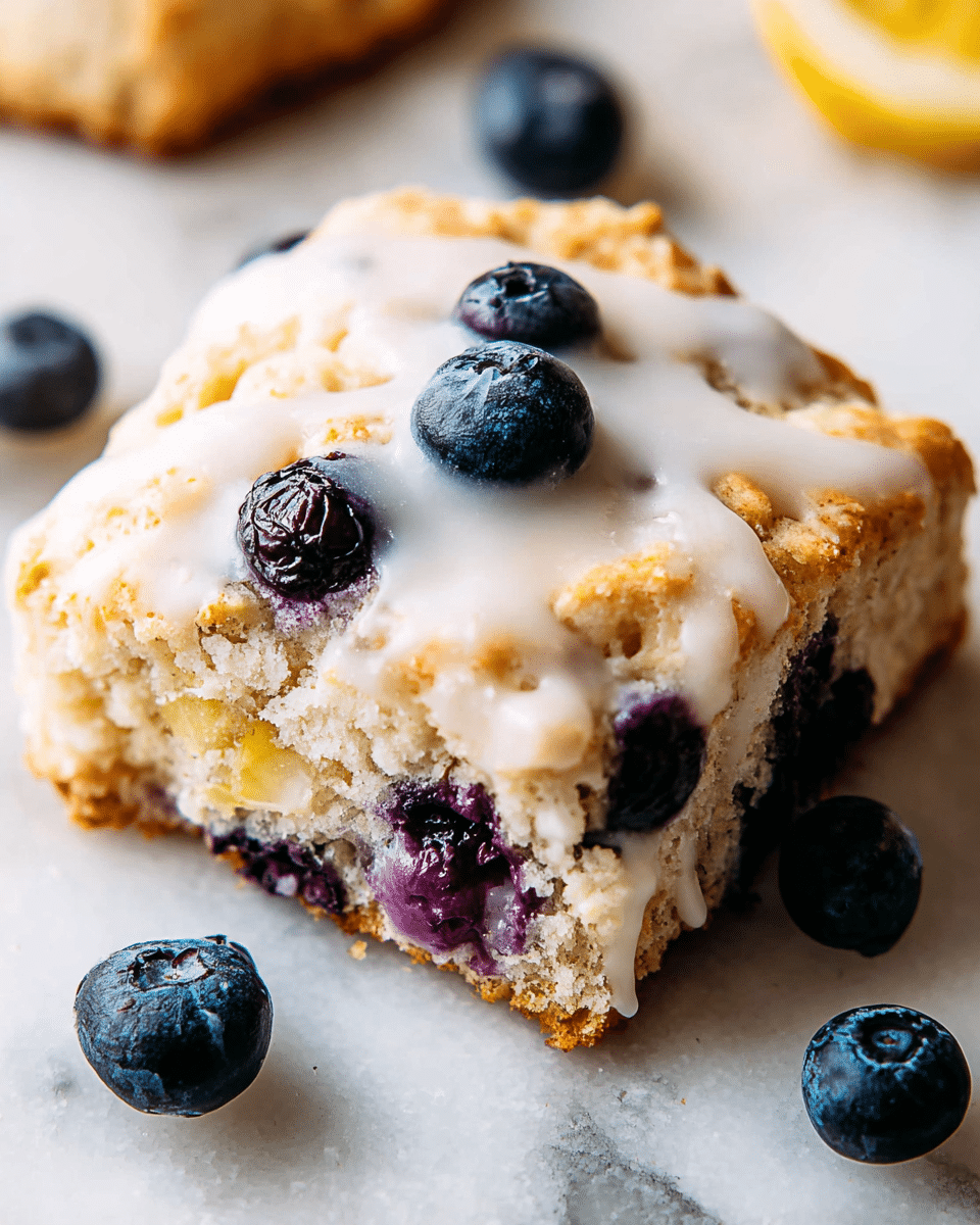 The image shows a single square blueberry scone with a crumbly, golden-brown texture. The scone is topped with a smooth white glaze that softly covers some of the berries embedded in the dough. Dark purple blueberries are visible on top and inside the scone, adding vibrant spots of color. Around the scone, there are a few loose fresh blueberries scattered on a white marbled surface. The scone has slightly rounded edges and a slightly rough surface from the baked dough. Photo taken with an iphone --ar 4:5 --v 7