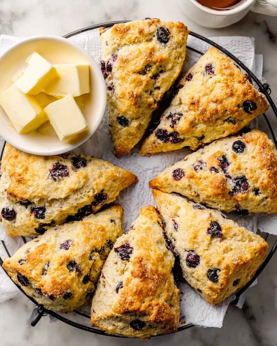 A round black wire basket holds seven golden-brown blueberry scones arranged in a circle on white parchment paper, each triangular scone showing a rough, crumbly texture with dark blueberry spots scattered throughout; to the left of the basket is a small white bowl with several smooth, pale yellow butter cubes; the background is a white marbled texture. photo taken with an iphone --ar 4:5 --v 7