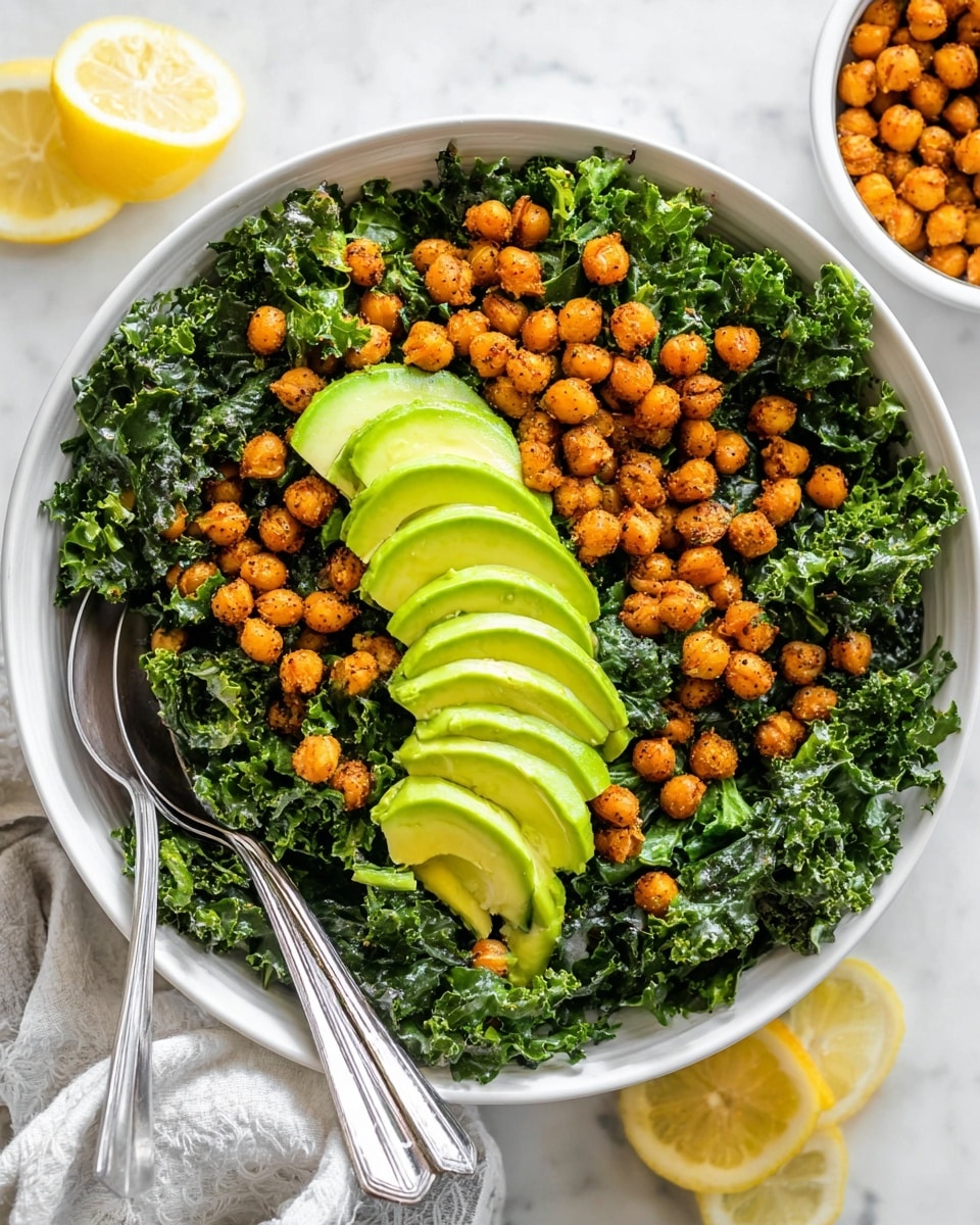 A white bowl filled with a fresh kale salad that has three layers: the bottom layer is deep green curly kale leaves with a rough, leafy texture; the middle layer is scattered golden brown roasted chickpeas that look crispy; the top layer has two sets of thinly sliced avocado, light green in color, arranged neatly on opposite sides. Two silver serving spoons rest inside the bowl. Around the bowl, there is a white marbled surface, partial slices of bright yellow lemon, and a smaller white bowl filled with more roasted chickpeas. photo taken with an iphone --ar 4:5 --v 7