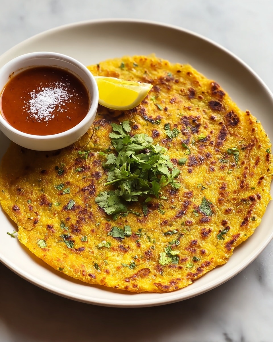 A single round, golden yellow flatbread with a slightly crispy, speckled brown surface sits on a white plate; the flatbread has small green and dark spots from herbs and spices mixed into the dough. On top, there is a small pile of fresh green cilantro leaves near the center. A small bright yellow lemon wedge rests near the edge of the flatbread. Next to it, on the same white plate, is a white bowl filled with a smooth reddish-brown sauce with a few white salt crystals on top. The whole scene is on a white marbled textured surface. photo taken with an iphone --ar 4:5 --v 7
