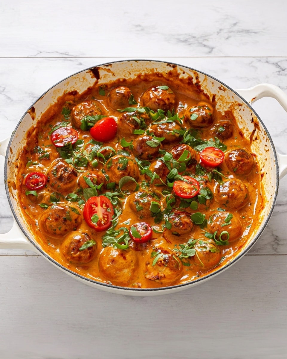 A white cast iron pan filled with about three layers of food: at the bottom, a thick orange-red sauce with a smooth and slightly creamy texture; the second layer consists of round, cooked mushrooms covered in the sauce, some loose and some partially submerged; scattered on top are bright green sliced herbs and halved cherry tomatoes, adding pops of fresh color. The sides of the pan show some sauce splatters, indicating a rich, simmering dish. The pan sits on a white marbled surface. Photo taken with an iphone --ar 4:5 --v 7