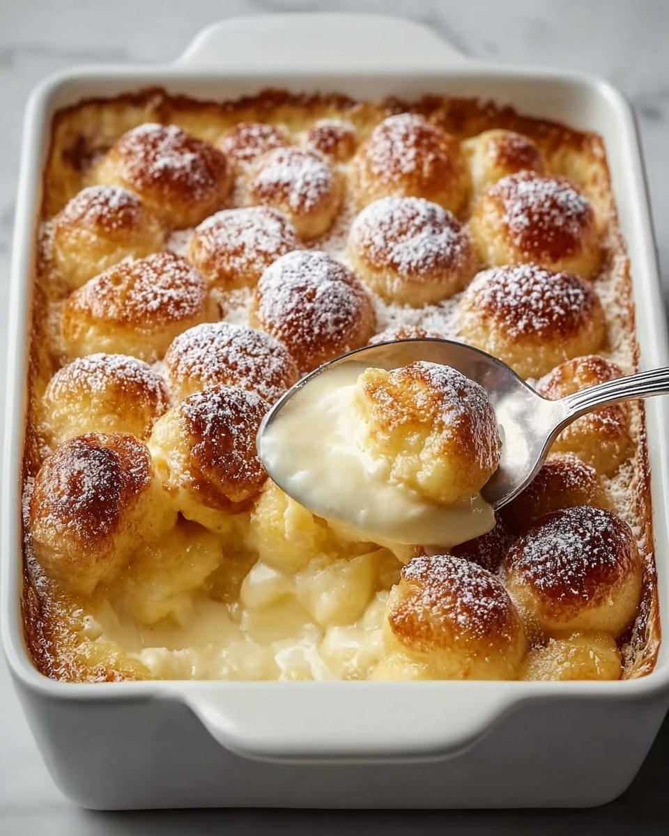 A white rectangular ceramic dish filled with a golden brown baked dessert featuring about three layers of toasted dough balls on the top. The top layer is crispy and browned with a light dusting of white powdered sugar. Inside, the dessert looks soft and creamy, with a spoon scooping out a portion, showing a smooth, custard-like cream beneath the dough balls. The dish sits on a white marbled surface. photo taken with an iphone --ar 4:5 --v 7