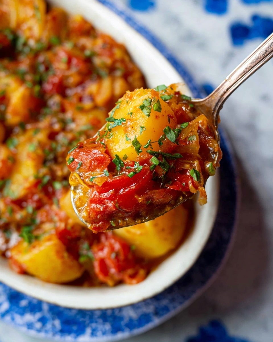 A close-up image of a spoon holding a stew-like dish with chunky layers, showing soft yellow potatoes, bright red tomato pieces, and small bits of onion mixed together, all coated in a glossy, slightly thick sauce. The dish is garnished with chopped green herbs. The spoon is above a white bowl filled with the same stew, sitting on a white marbled surface with a blue pattern. Photo taken with an iphone --ar 4:5 --v 7