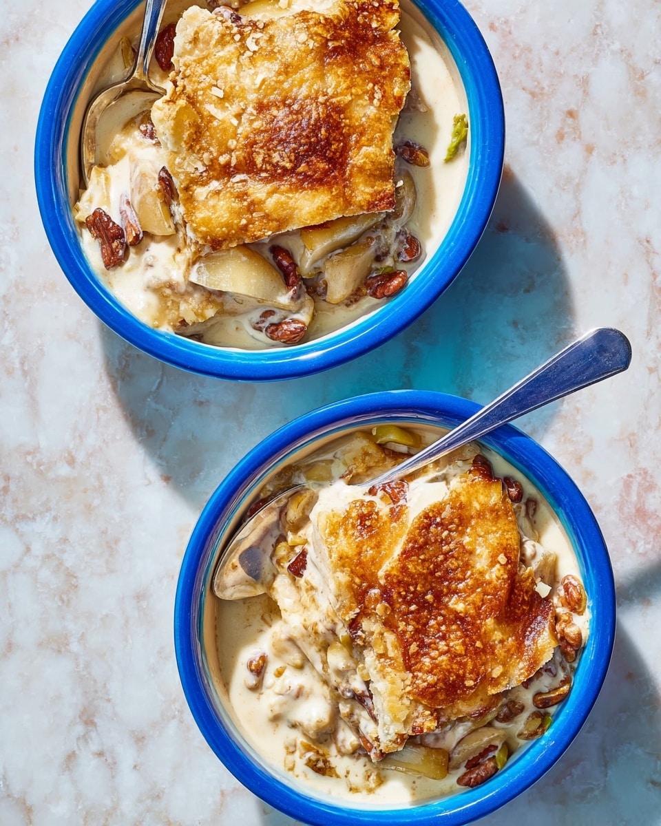 Two white bowls filled with creamy dessert containing layers of golden-brown baked pastry on top, slightly crispy and flaky. Underneath the pastry are thick, white creamy layers mixed with pieces of toasted nuts and slices of light brown fruit. The creamy sauce pools at the bottom with visible bits of nuts and fruit. Each bowl has a silver spoon with a blue handle resting inside. The bowls are placed on a white marbled surface. photo taken with an iphone --ar 4:5 --v 7