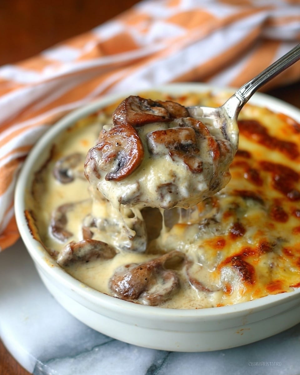 The image shows a close-up of a baked mushroom dish in a white bowl filled with creamy, light beige sauce and sliced brown mushrooms. A spoon lifts a portion revealing thick melted cheese on top with golden brown spots, covering a layer of creamy mushrooms underneath. The background features a white marbled surface and a blurred cloth with orange and white stripes. Photo taken with an iphone --ar 4:5 --v 7