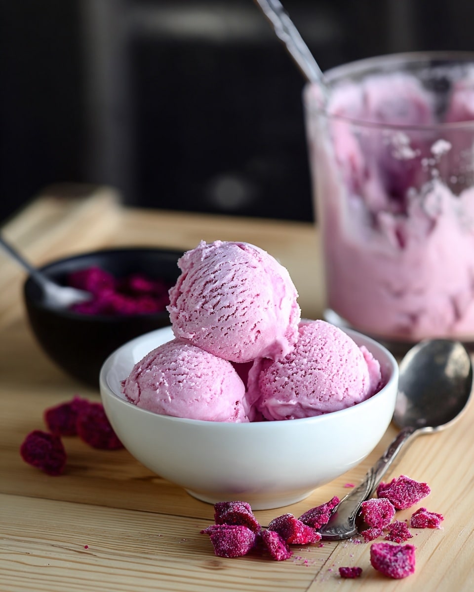The image shows a white bowl filled with three scoops of pale pink ice cream that has a smooth and creamy texture. The bowl sits on a light wooden surface with scattered bright magenta chunks that look like frozen fruit pieces around it. In the background, there is a transparent container partly filled with the same pink ice cream and a silver spoon inside it, along with a small black dish holding more ice cream. The whole scene is set against a dark, blurred background with the light wooden table contrasting softly with the ice cream and fruit pieces. Photo taken with an iphone --ar 4:5 --v 7