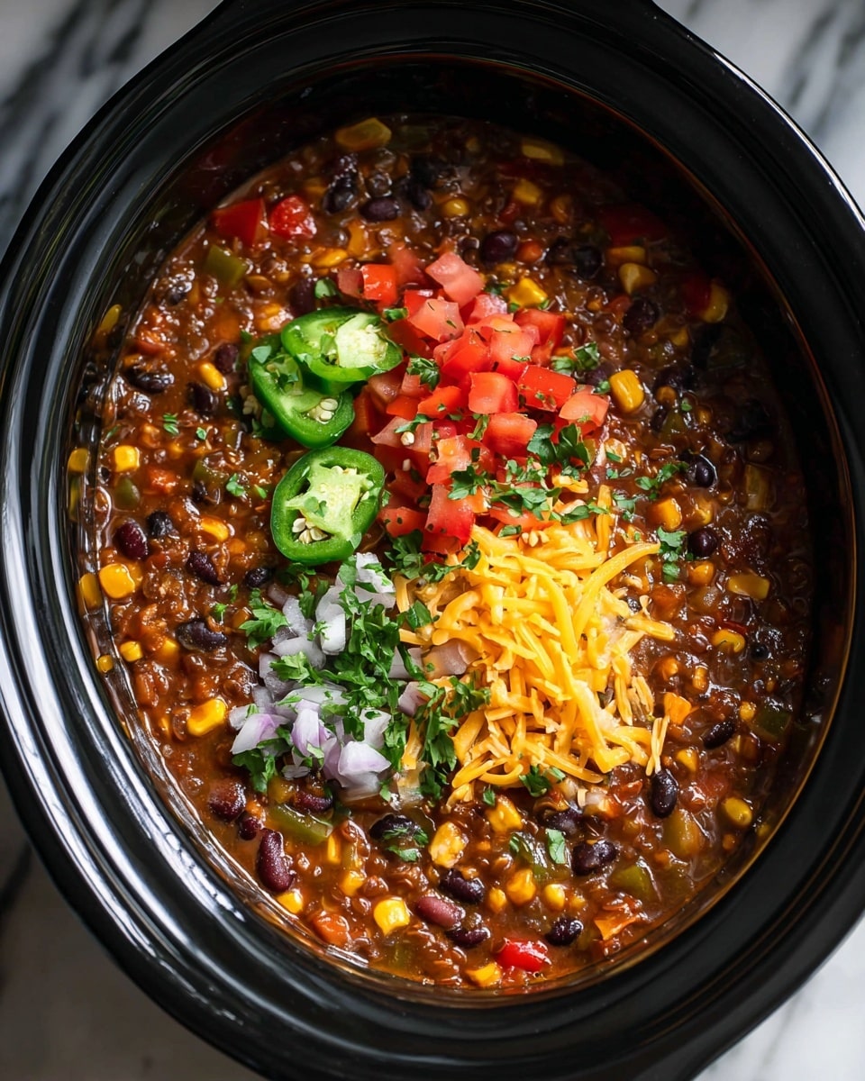A close-up of a black slow cooker filled with a thick stew that has a rich brown base with visible pieces of black beans, corn, diced red and green bell peppers, and lentils, creating a colorful mix. On top, there are two small piles of shredded light orange cheddar cheese, fresh chopped tomatoes mixed with white onion pieces and green herbs, and slices of green jalapeno peppers. The food shines with a slightly glossy texture, and the photo is taken from above on a white marbled surface. photo taken with an iphone --ar 4:5 --v 7