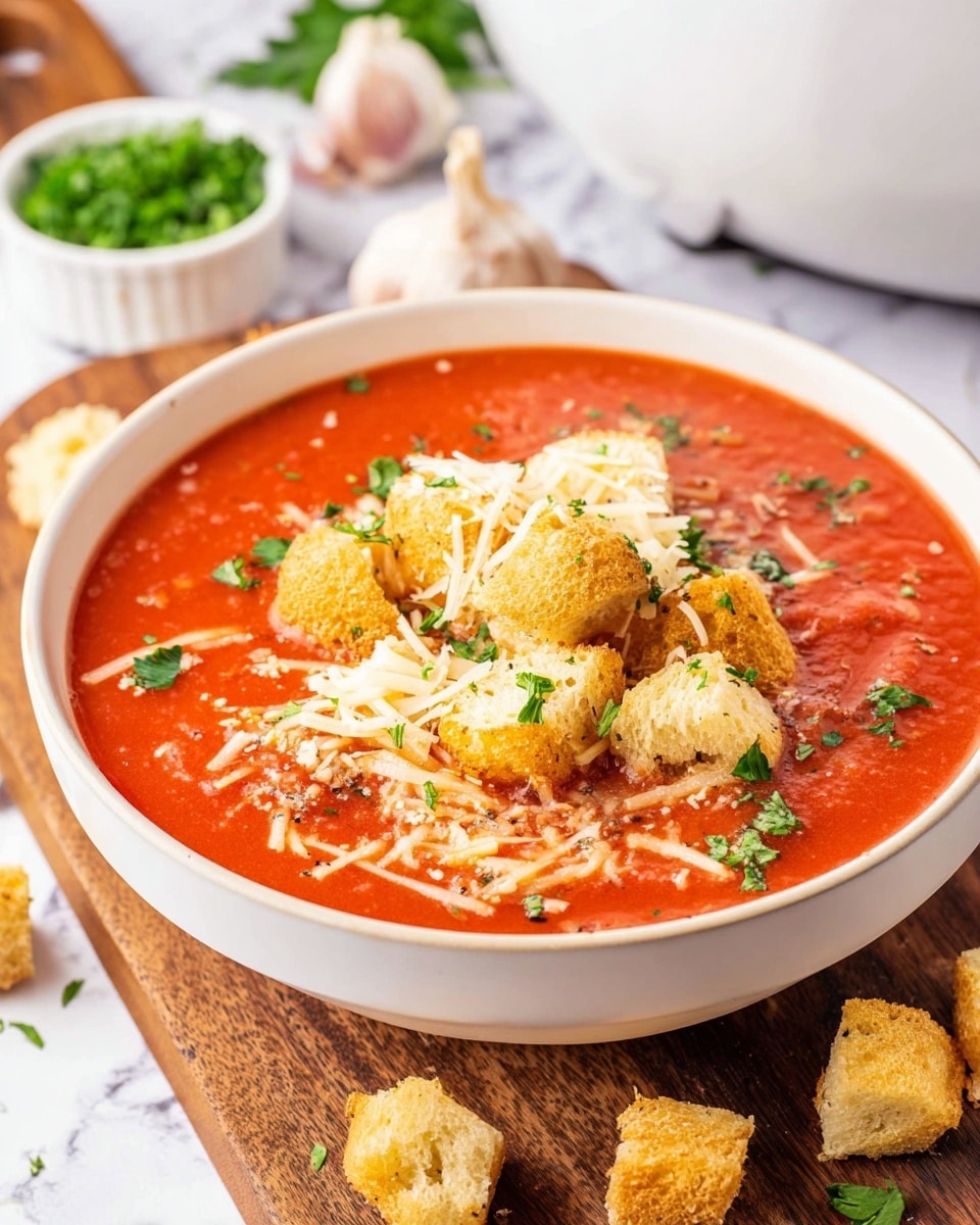 A white bowl filled with bright red tomato soup topped with golden brown croutons, white shredded cheese, and small bits of green parsley scattered on top; there are chunks of bread resting on the soup’s surface near the front; the bowl sits on a wooden board with more croutons scattered around, and the background shows a white marbled texture with a small white dish holding green herbs and some garlic cloves nearby. photo taken with an iphone --ar 4:5 --v 7