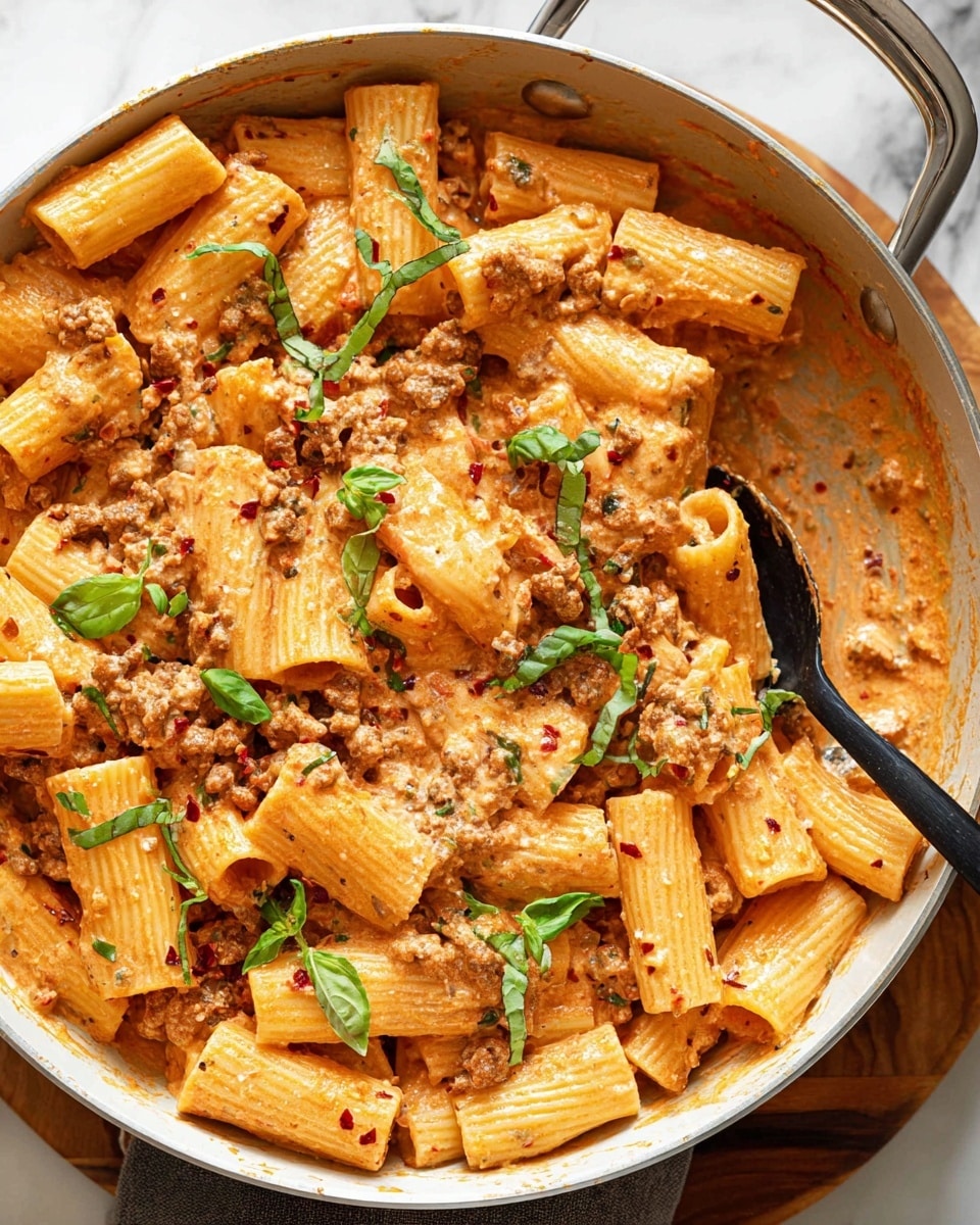 The image shows a close-up of rigatoni pasta cooked in a creamy, orange-tinted sauce mixed with ground meat pieces. The rigatoni tubes are firmly coated and mixed with the sauce, with visible flecks of herbs and red chili flakes on top. Fresh green basil slices are sprinkled unevenly over the dish, adding a pop of color against the orange sauce. The pasta is served in a white pan with a silver handle, and a black spoon is partially inserted among the rigatoni. The pan rests on a white marbled surface with a wooden board edge visible beneath. photo taken with an iphone --ar 4:5 --v 7