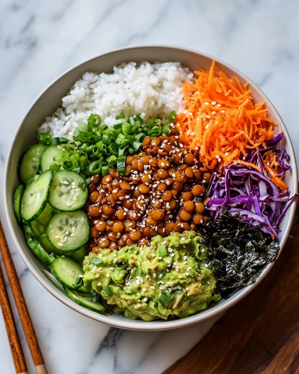 A white bowl filled with five layers of food arranged neatly: at the top, fluffy white rice forms the first layer; next to it, a pile of dark green chopped spring onions; below that, bright orange shredded carrots mixed with brown lentils coated in thick sauce sprinkled with white sesame seeds; on one side, sliced green cucumbers with pieces of dark seaweed and purple shredded cabbage; and on the other side, a chunky layer of light green mashed avocado mixed with chopped green herbs. The bowl sits on a white marbled surface with wooden chopsticks beside it. photo taken with an iphone --ar 4:5 --v 7