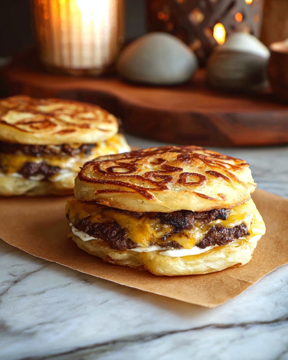 Two sandwiches sit on a piece of brown parchment paper over a white marbled surface. Each sandwich has three main layers: the top and bottom layers are golden-brown, flaky flatbreads with a slightly crispy texture and swirled pattern, the middle layer is a juicy, charred beef patty with melted orange cheddar cheese that oozes slightly over the edges, and a thin layer of white sauce is just below the top bread. The sandwiches are stacked neatly, showing the contrast between the soft cheese, crispy bread, and the dark, grilled meat. In the blurred background, a wooden carving board, a lit candle, and some stone objects are visible. Photo taken with an iphone --ar 4:5 --v 7