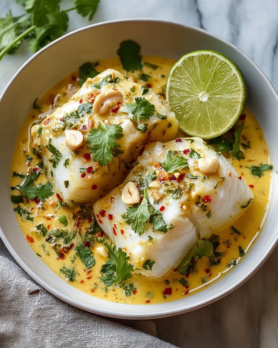 Two thick, white fish fillets sit side by side in a white bowl, surrounded by a creamy yellow sauce speckled with small red chili flakes, green herbs, and bits of onion. Fresh green cilantro leaves are scattered on the fish and sauce, while two small white nuts rest on top. A bright green lime slice leans against the side of the bowl, next to more cilantro leaves. The bowl is placed on a white marbled surface with a soft gray cloth partly visible nearby. photo taken with an iphone --ar 4:5 --v 7