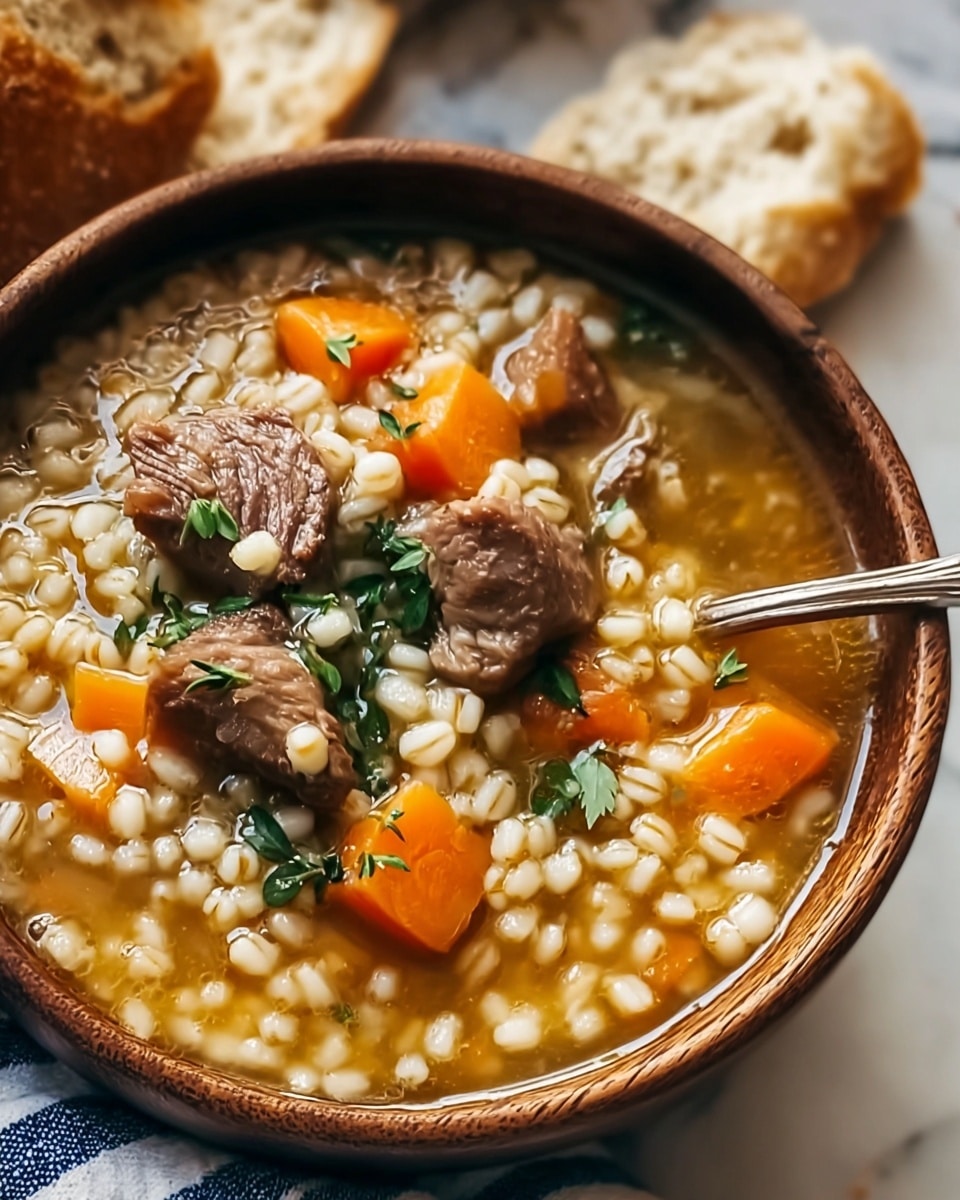 A close-up image of a brown bowl filled with barley soup, showing approximately seven layers of soft, plump barley grains in light beige, small bright orange carrot slices, and tender chunks of brown beef, all immersed in a slightly thick golden broth with a few fresh green herb sprigs on top. A shiny silver spoon rests partially inside the soup on the right side of the bowl. Pieces of crusty bread and a blue striped cloth are visible blurred in the background on a white marbled surface. Photo taken with an iphone --ar 4:5 --v 7