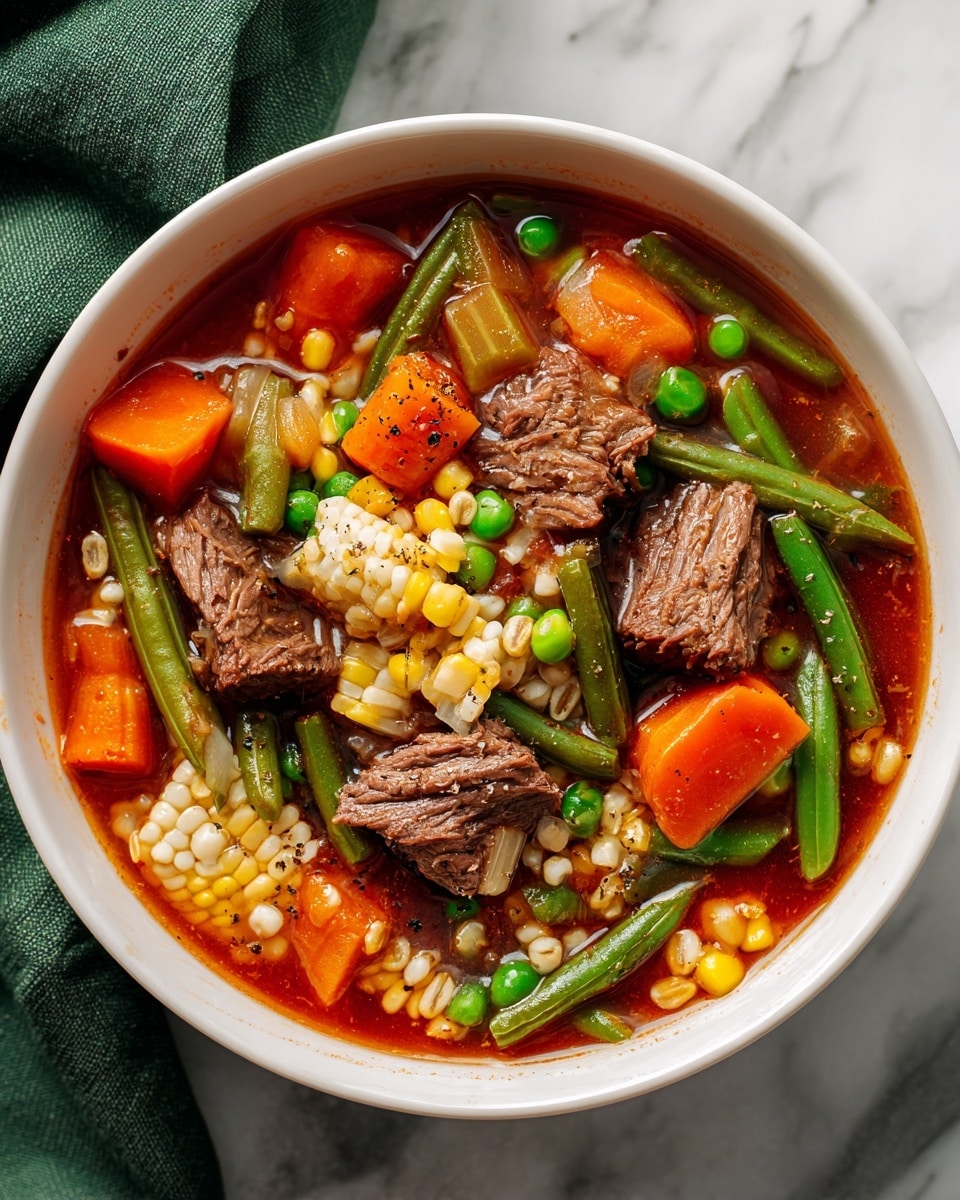 A white bowl filled with a colorful vegetable and beef soup, showing several layers of ingredients; large chunks of cooked brown beef pieces are mixed with bright orange carrot slices, light green celery rings, green peas, green beans, yellow corn, and small white barley grains, all submerged in a clear, reddish broth with visible black pepper seasoning on top. The bowl rests on a white marbled surface with a green cloth partially visible beside it. photo taken with an iphone --ar 4:5 --v 7