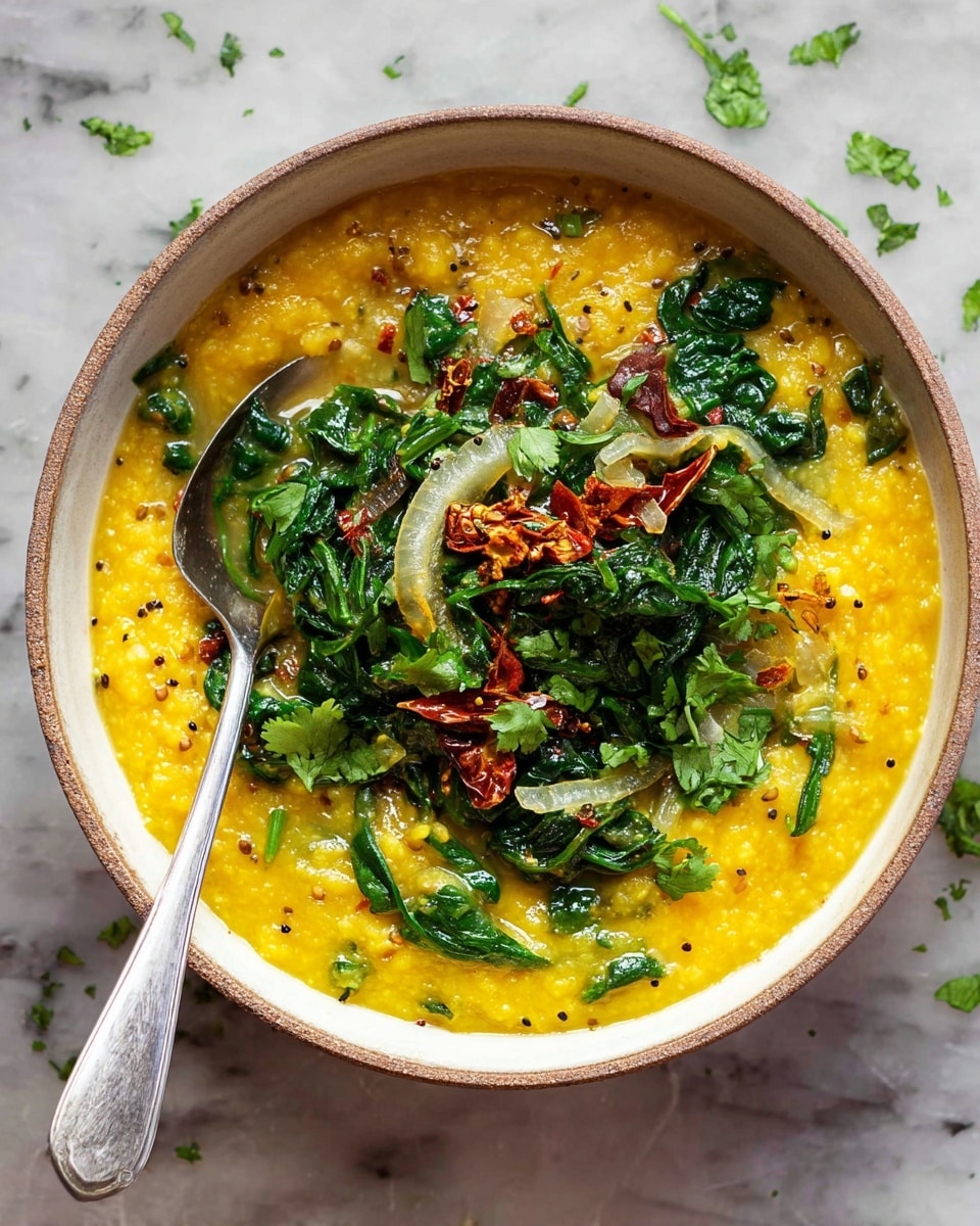A white bowl filled with a thick, yellow dal with a smooth but slightly grainy texture covers the base layer. On top, a vibrant layer of sautéed spinach leaves, sliced onions, and dried red chilies is spread evenly, with visible black mustard seeds and small mustard leaves mixed in. The dish is sprinkled with fresh green chopped cilantro, adding bright green color spots over the yellow dal. A silver spoon rests inside the bowl on the left side. The bowl is placed on a white marbled surface with small bits of cilantro scattered around. photo taken with an iphone --ar 4:5 --v 7