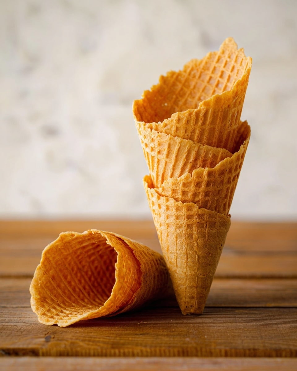 The image shows a stack of three light brown waffle cones placed vertically on a wooden surface with a white marbled texture background. The cones have a crisp texture with a grid pattern, and their edges are slightly uneven. Next to the stack, one waffle cone lies down on its side, showing its hollow inside and the same grid pattern details. The colors range from golden to darker brown hues, emphasizing the crunchy texture. The scene is brightly lit, highlighting the cones' detailed surface and warm color tones. photo taken with an iphone --ar 4:5 --v 7