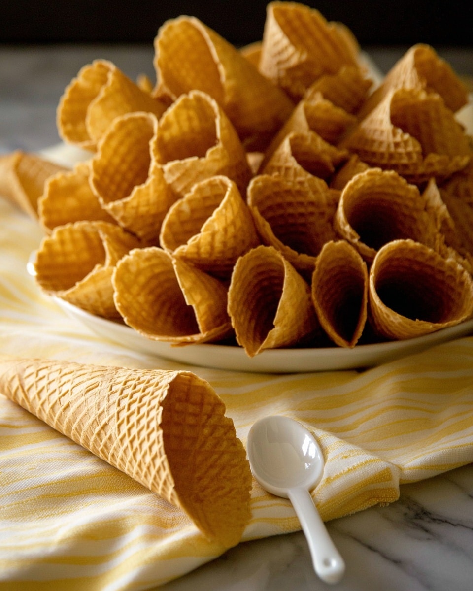 A large white plate is filled with many small waffle cones stacked closely together, showing their light brown crispy texture with a grid pattern. In front of the plate, there is a single empty waffle cone lying on a white marbled surface, next to a small white spoon. The background is dark, making the golden cones stand out clearly, and a yellow and white striped cloth is partially visible beneath the plate. photo taken with an iphone --ar 4:5 --v 7