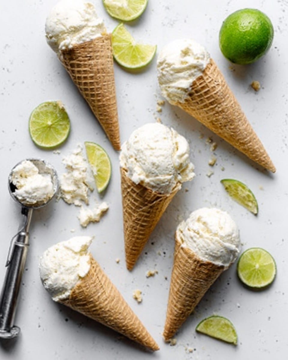 The image shows five white waffle cones lying on a white marbled surface, each filled with creamy off-white ice cream that has a slightly rough texture with small bits. The cones are arranged in a scattered manner, some tilted and others upright. Around the cones, there are several lime slices and a whole green lime adding a fresh touch. At the bottom left, there is a metal ice cream scooper with some ice cream residue inside, and a woman's hand is reaching towards one of the cones from the top right. The overall colors are soft and natural, with a clean, bright look. photo taken with an iphone --ar 4:5 --v 7