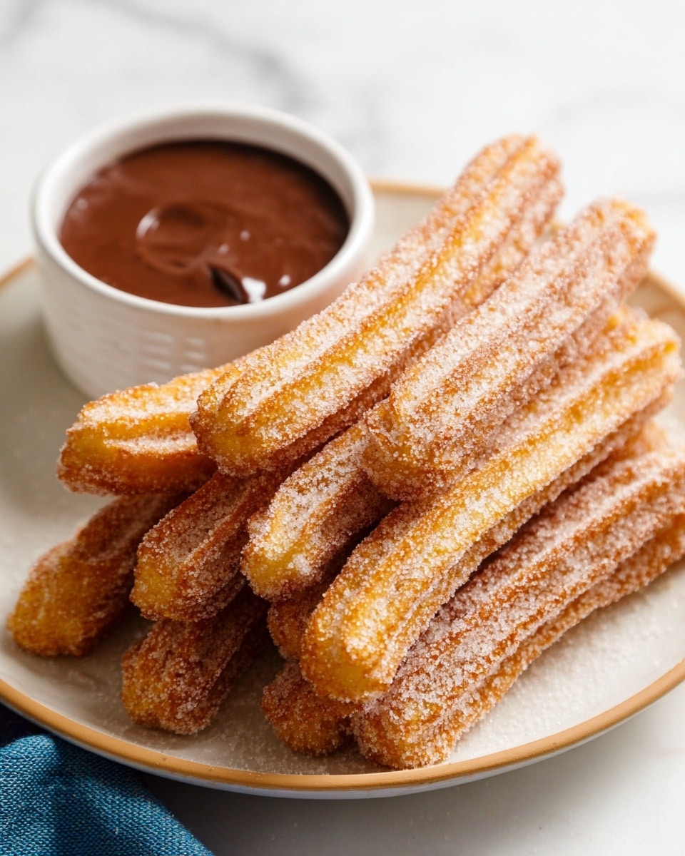 A plate with about ten golden brown churros stacked in two layers, each churro coated with a light layer of sugar giving a grainy texture, the churros have ridges along their length, next to them is a small white bowl filled with thick chocolate sauce seen from above showing a smooth, glossy surface, the plate rests on a white marbled surface. photo taken with an iphone --ar 4:5 --v 7